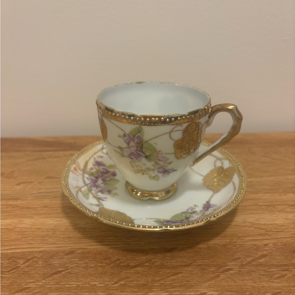 Nippon Antique Tea Cup, Saucer Violets, Heavy Beaded Gold Hand Painted c1850-90